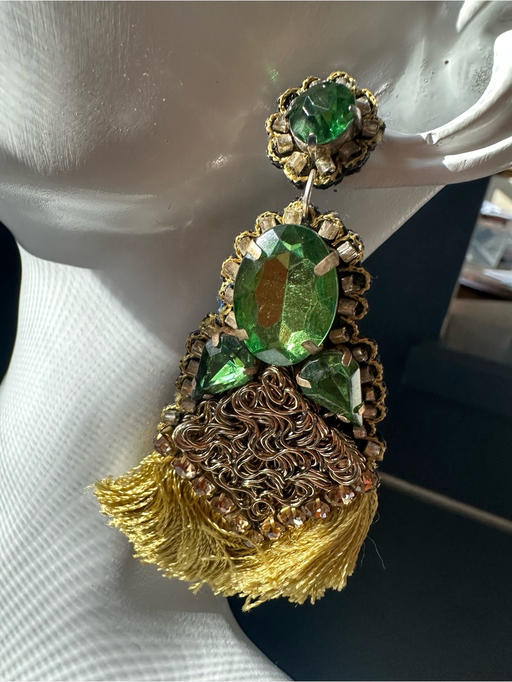 Green Crystal Tassel Drop Earrings - Gold Tone